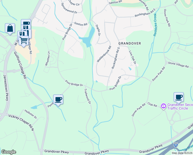 map of restaurants, bars, coffee shops, grocery stores, and more near 4402 Trailwood Drive in Greensboro