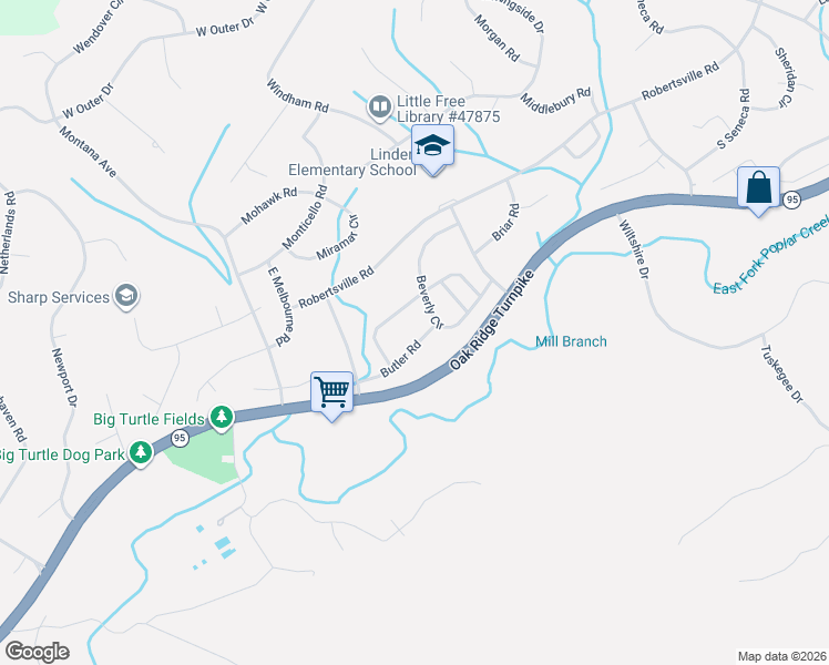 map of restaurants, bars, coffee shops, grocery stores, and more near 211 Butler Road in Oak Ridge