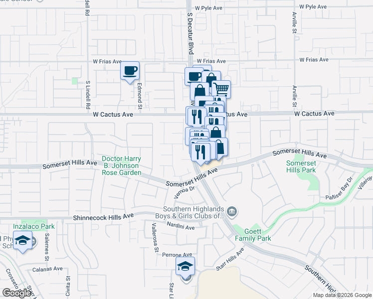 map of restaurants, bars, coffee shops, grocery stores, and more near 4911 Bella Strada Court in Las Vegas