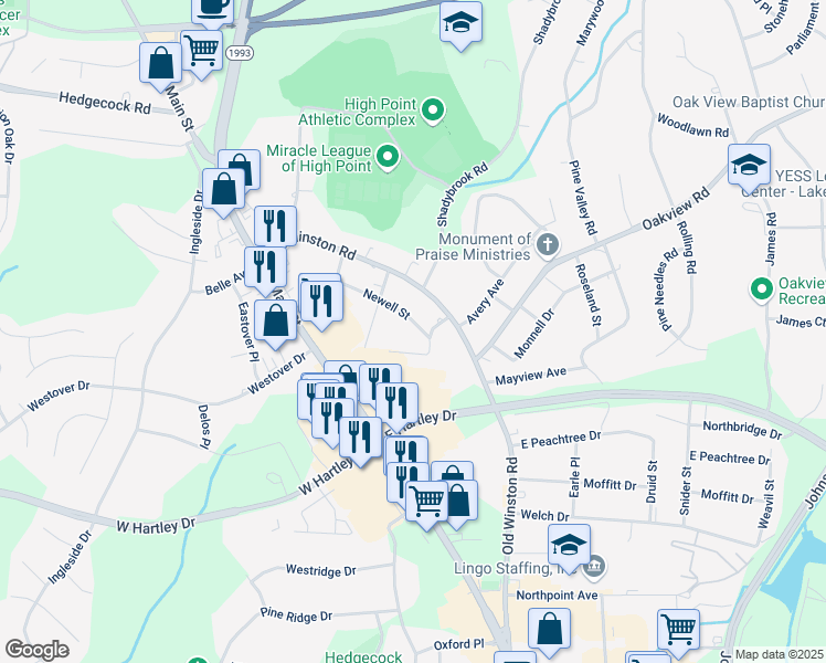 map of restaurants, bars, coffee shops, grocery stores, and more near 203 Rankin Place in High Point