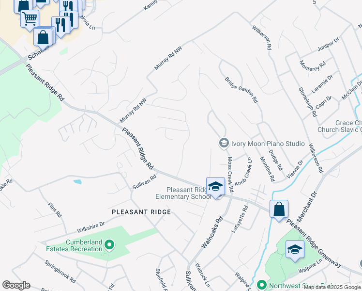 map of restaurants, bars, coffee shops, grocery stores, and more near 2639 Crestpark Road in Knoxville