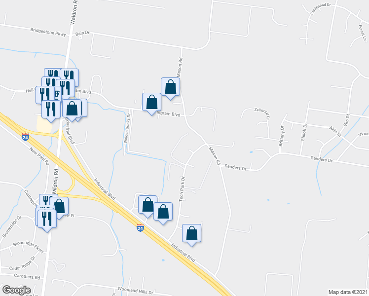 map of restaurants, bars, coffee shops, grocery stores, and more near 320 Tech Park Drive in La Vergne