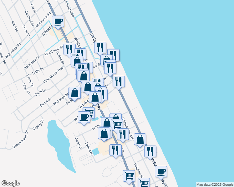 map of restaurants, bars, coffee shops, grocery stores, and more near 2008 South Virginia Dare Trail in Kill Devil Hills