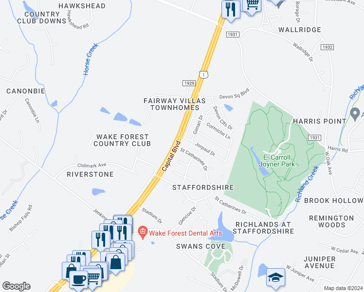 map of restaurants, bars, coffee shops, grocery stores, and more near 998 Saint Catherines Drive in Wake Forest