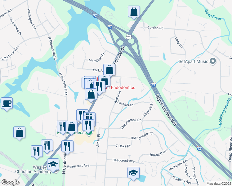 map of restaurants, bars, coffee shops, grocery stores, and more near 2603 Guyer Street in High Point