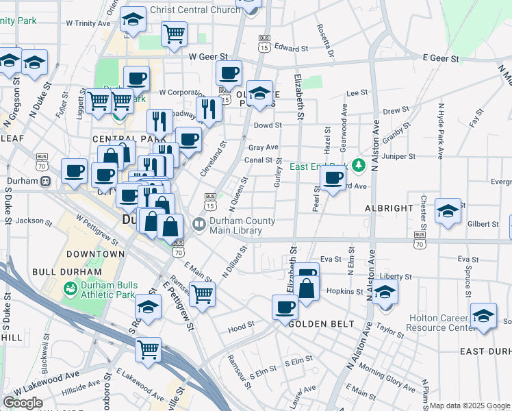 map of restaurants, bars, coffee shops, grocery stores, and more near 502 Oakwood Avenue in Durham