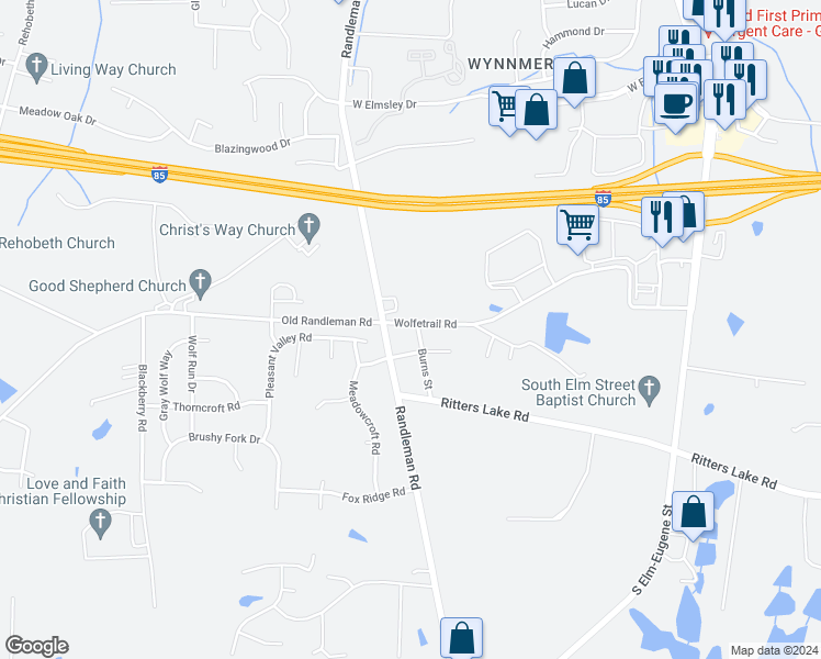 map of restaurants, bars, coffee shops, grocery stores, and more near 3300 Burns Street in Greensboro