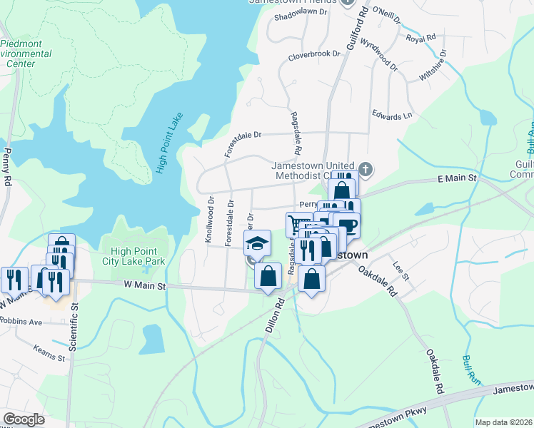 map of restaurants, bars, coffee shops, grocery stores, and more near 207 Perry Road in Jamestown