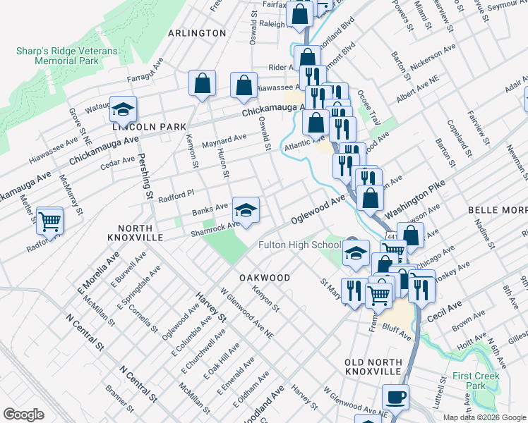 map of restaurants, bars, coffee shops, grocery stores, and more near 938 Banks Avenue in Knoxville