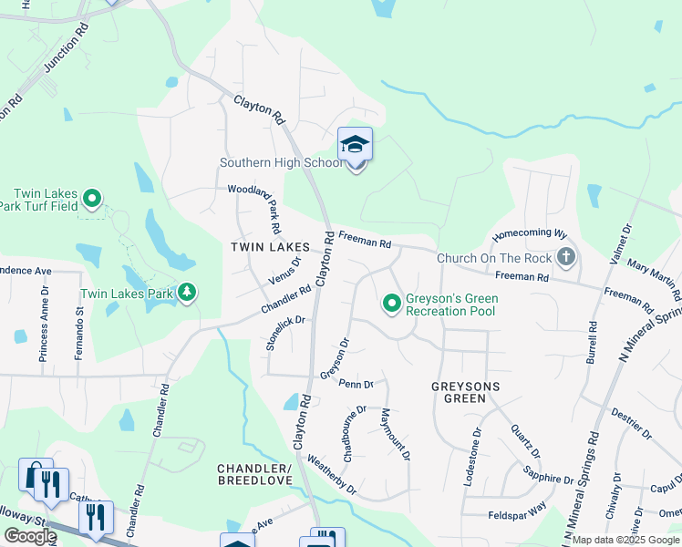 map of restaurants, bars, coffee shops, grocery stores, and more near 6 Thebes Place in Durham