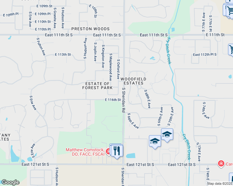 map of restaurants, bars, coffee shops, grocery stores, and more near 6211 East 115th Street in Tulsa