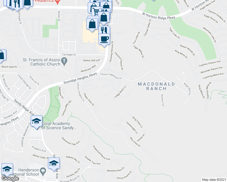 map of restaurants, bars, coffee shops, grocery stores, and more near 2224 Summit Mesa Lane in Henderson