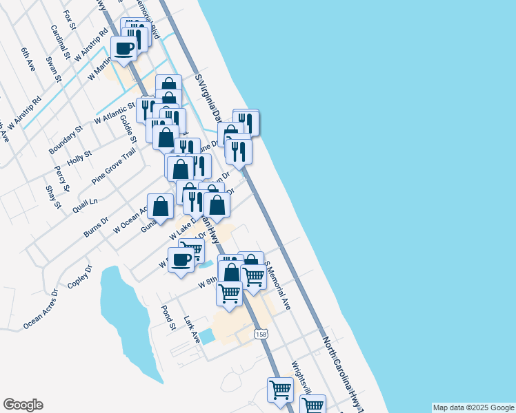 map of restaurants, bars, coffee shops, grocery stores, and more near 2001 South Virginia Dare Trail in Kill Devil Hills