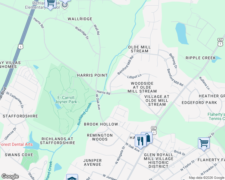 map of restaurants, bars, coffee shops, grocery stores, and more near 913 Barnford Mill Road in Wake Forest