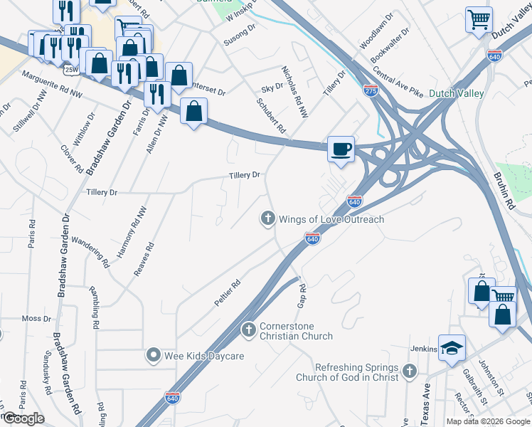 map of restaurants, bars, coffee shops, grocery stores, and more near 1308 Wilson Road in Knoxville