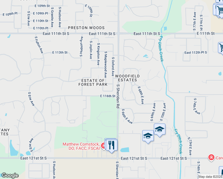 map of restaurants, bars, coffee shops, grocery stores, and more near 6211 East 115th Street in Tulsa