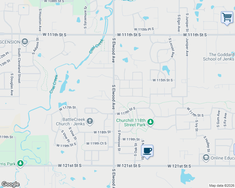 map of restaurants, bars, coffee shops, grocery stores, and more near 11524-11872 South Elwood Avenue in Jenks