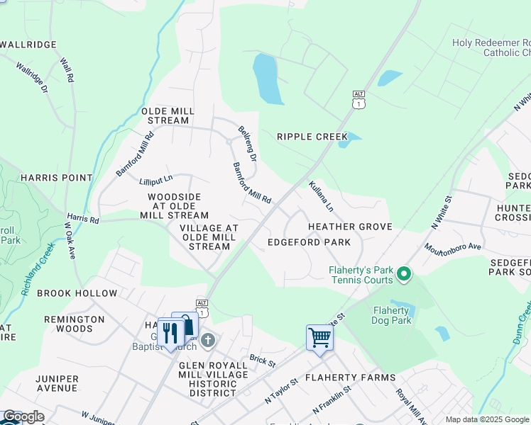 map of restaurants, bars, coffee shops, grocery stores, and more near 1047 North Main Street in Wake Forest