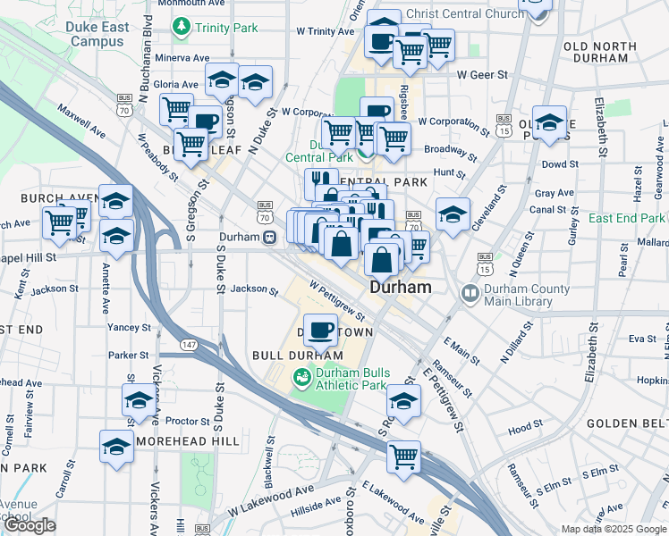 map of restaurants, bars, coffee shops, grocery stores, and more near 319 West Main Street in Durham