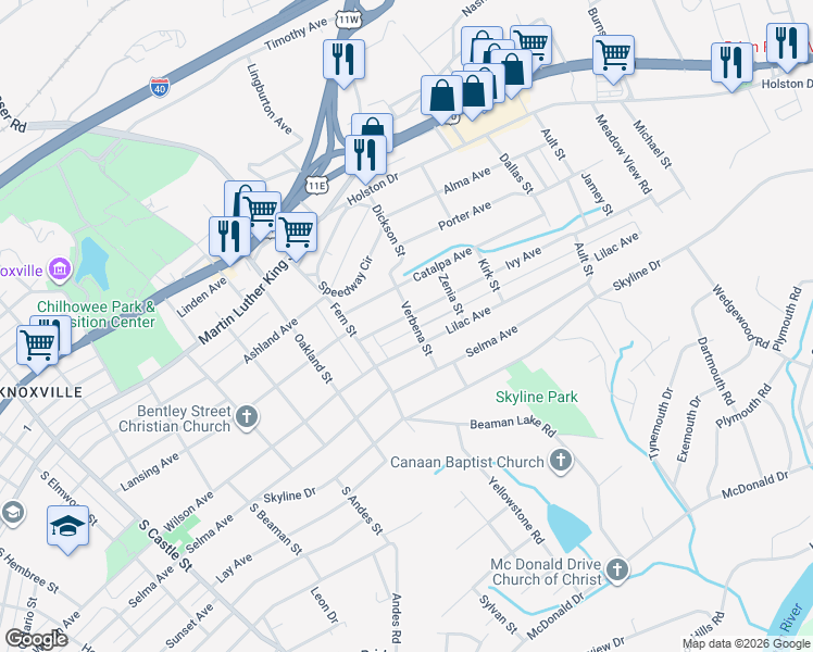 map of restaurants, bars, coffee shops, grocery stores, and more near 3740 Catalpa Avenue in Knoxville