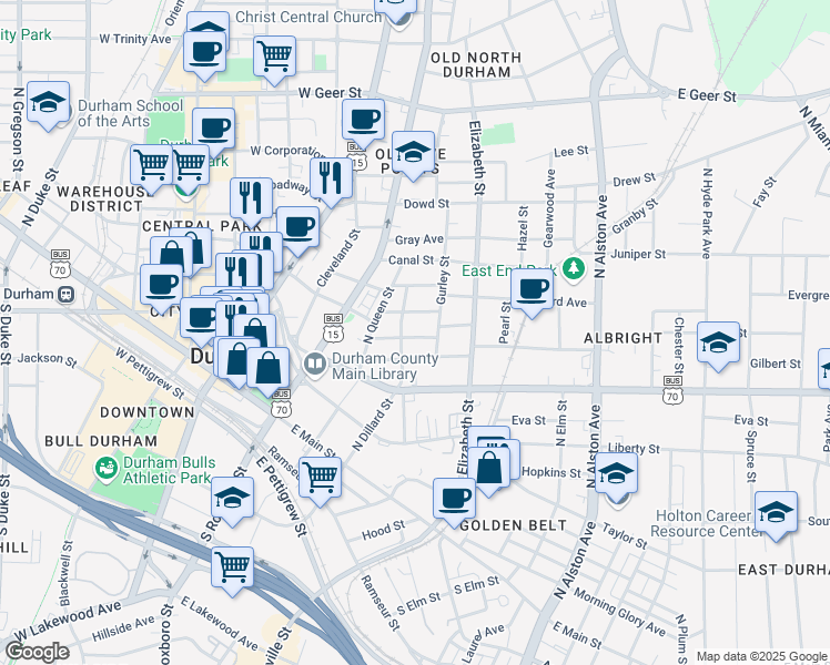 map of restaurants, bars, coffee shops, grocery stores, and more near 505 Ottawa Avenue in Durham