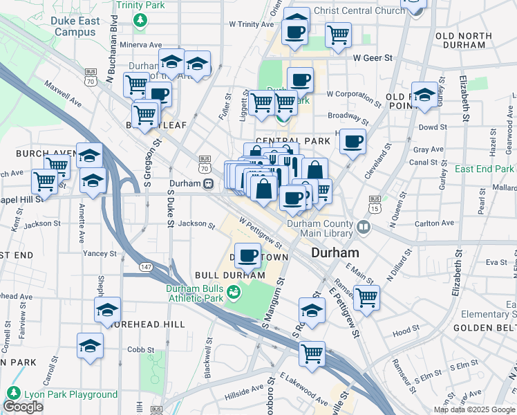map of restaurants, bars, coffee shops, grocery stores, and more near 319 West Main Street in Durham