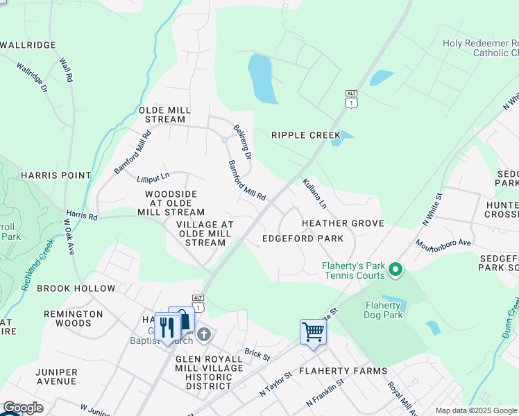 map of restaurants, bars, coffee shops, grocery stores, and more near 1047 North Main Street in Wake Forest