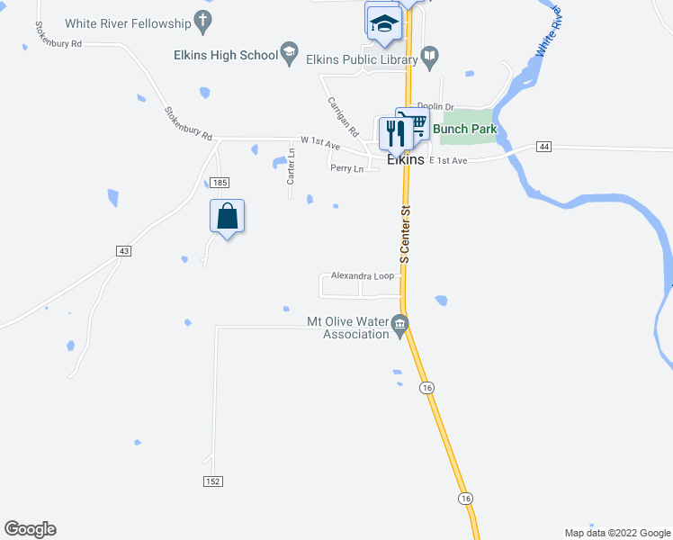 map of restaurants, bars, coffee shops, grocery stores, and more near 162 Alexandra Loop in Elkins
