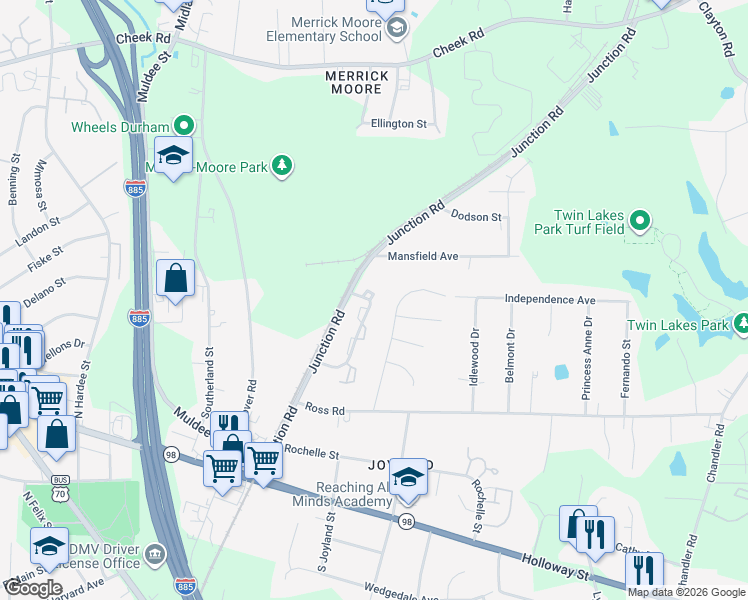 map of restaurants, bars, coffee shops, grocery stores, and more near 510 Junction Road in Durham