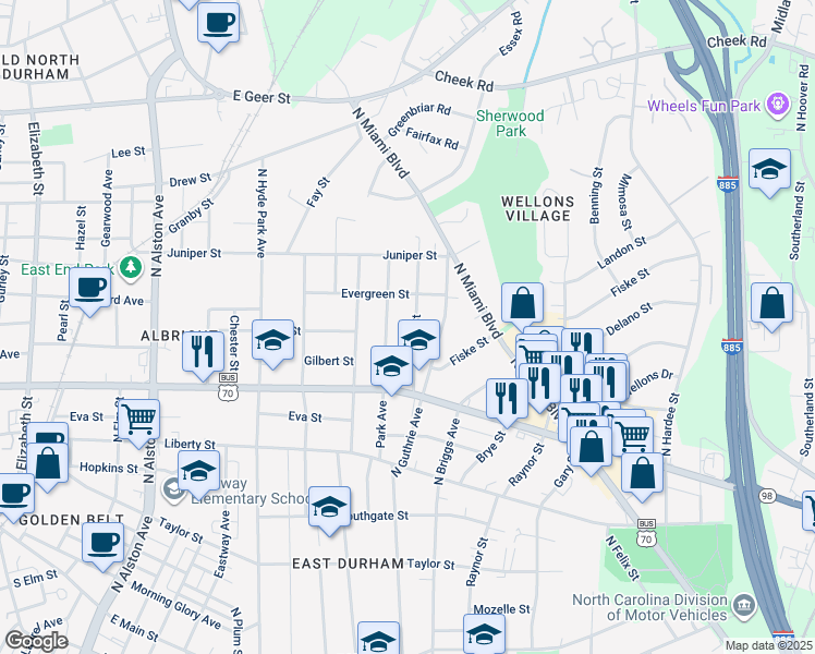 map of restaurants, bars, coffee shops, grocery stores, and more near 1101 Alma Street in Durham