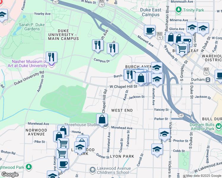 map of restaurants, bars, coffee shops, grocery stores, and more near 1410 West Chapel Hill Street in Durham