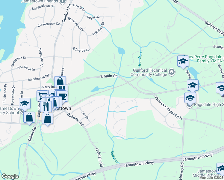 map of restaurants, bars, coffee shops, grocery stores, and more near 320 Jackson Street in Jamestown