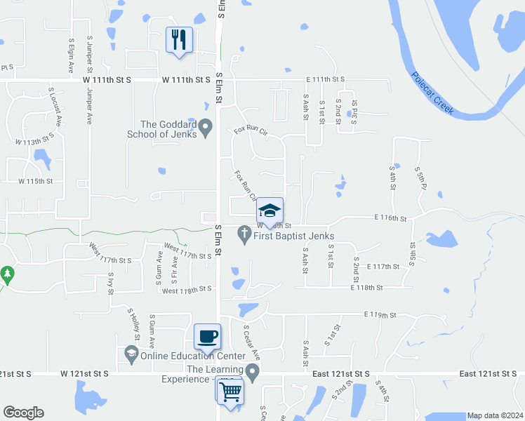 map of restaurants, bars, coffee shops, grocery stores, and more near 214 West 115th Street South in Jenks