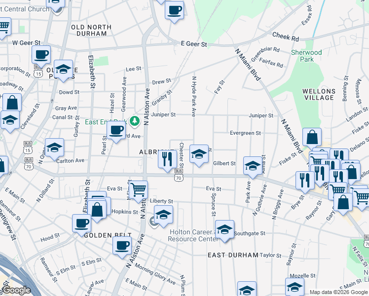 map of restaurants, bars, coffee shops, grocery stores, and more near 1100 Chester Street in Durham