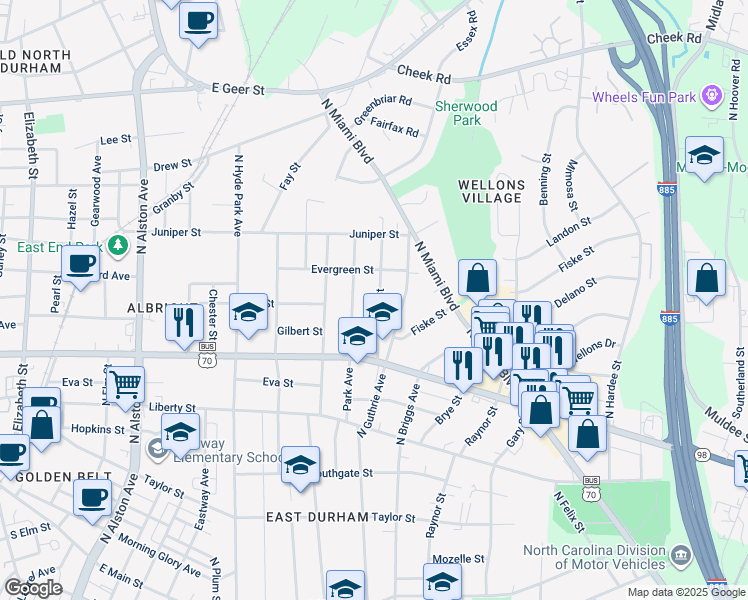 map of restaurants, bars, coffee shops, grocery stores, and more near 1101 Alma Street in Durham