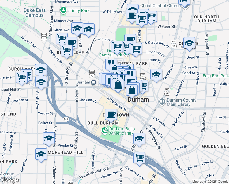 map of restaurants, bars, coffee shops, grocery stores, and more near 327 West Main Street in Durham