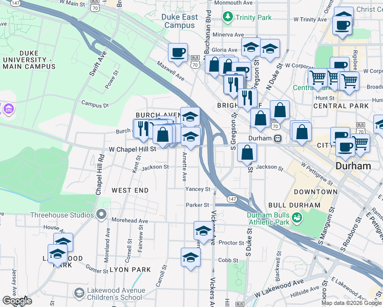 map of restaurants, bars, coffee shops, grocery stores, and more near 807 West Chapel Hill Street in Durham