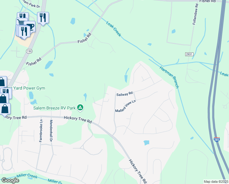 map of restaurants, bars, coffee shops, grocery stores, and more near 445 Hidden Creek Road in Winston-Salem