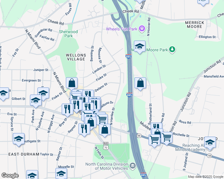 map of restaurants, bars, coffee shops, grocery stores, and more near 1154 Delano Street in Durham
