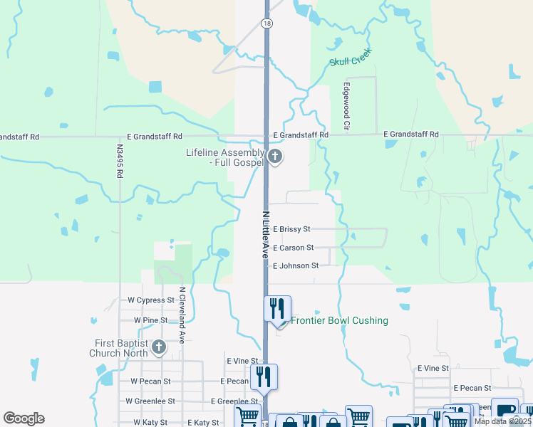 map of restaurants, bars, coffee shops, grocery stores, and more near 1724 North Little Avenue in Cushing
