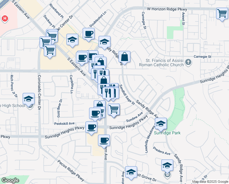 map of restaurants, bars, coffee shops, grocery stores, and more near 2576 Day Canyon Court in Henderson