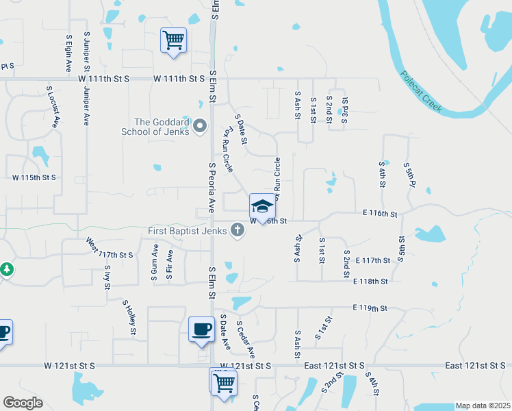 map of restaurants, bars, coffee shops, grocery stores, and more near 214 West 115th Street South in Jenks