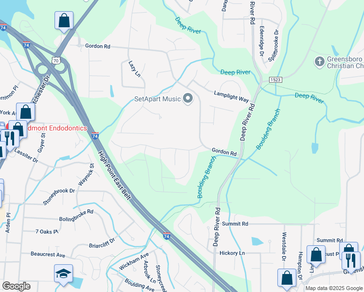 map of restaurants, bars, coffee shops, grocery stores, and more near 3213 Quail Run Drive in High Point