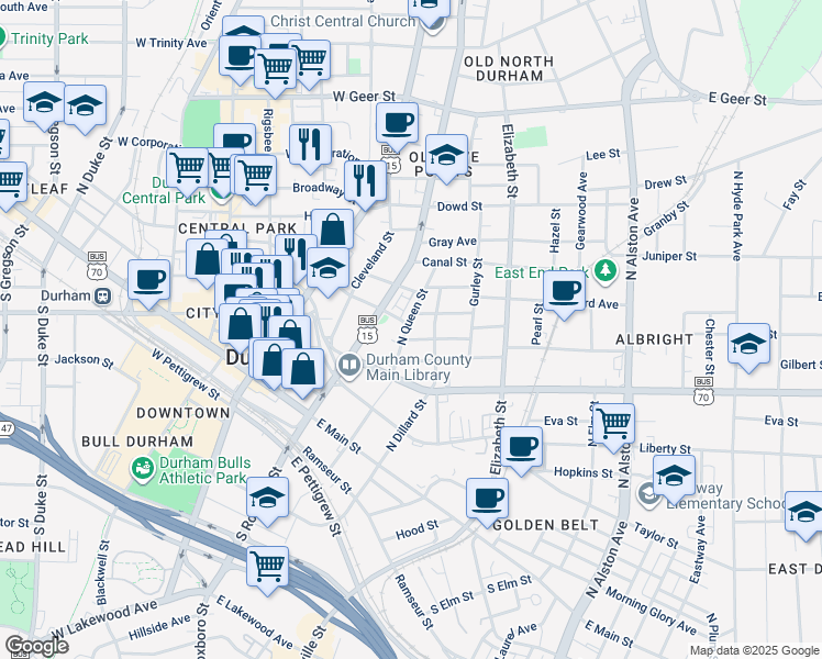 map of restaurants, bars, coffee shops, grocery stores, and more near 506 North Queen Street in Durham