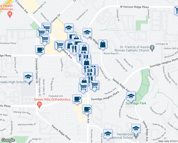 map of restaurants, bars, coffee shops, grocery stores, and more near 825 Adagio Street in Henderson