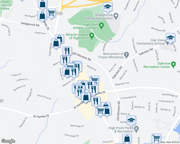 map of restaurants, bars, coffee shops, grocery stores, and more near 203 Brinkley Place in High Point
