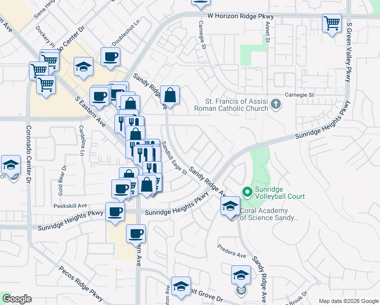map of restaurants, bars, coffee shops, grocery stores, and more near 2564 Williamsburg Street in Henderson