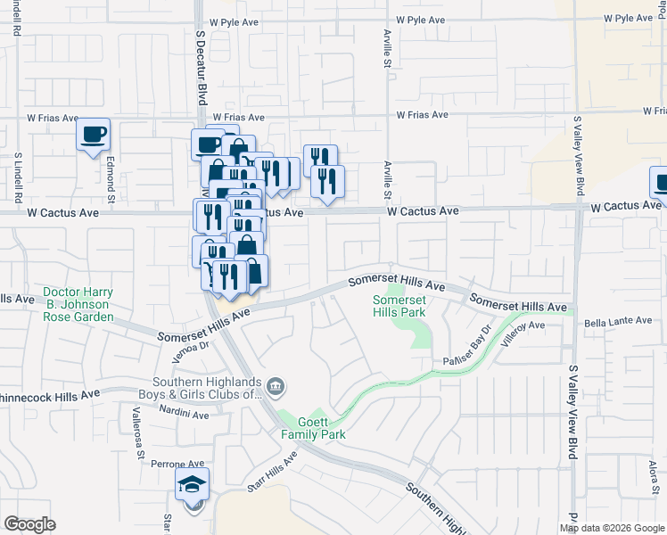 map of restaurants, bars, coffee shops, grocery stores, and more near 10596 Bardilino Street in Las Vegas