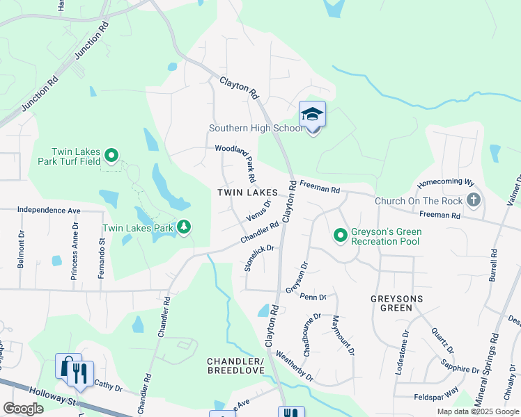 map of restaurants, bars, coffee shops, grocery stores, and more near 3406 Woodland Park Road in Durham