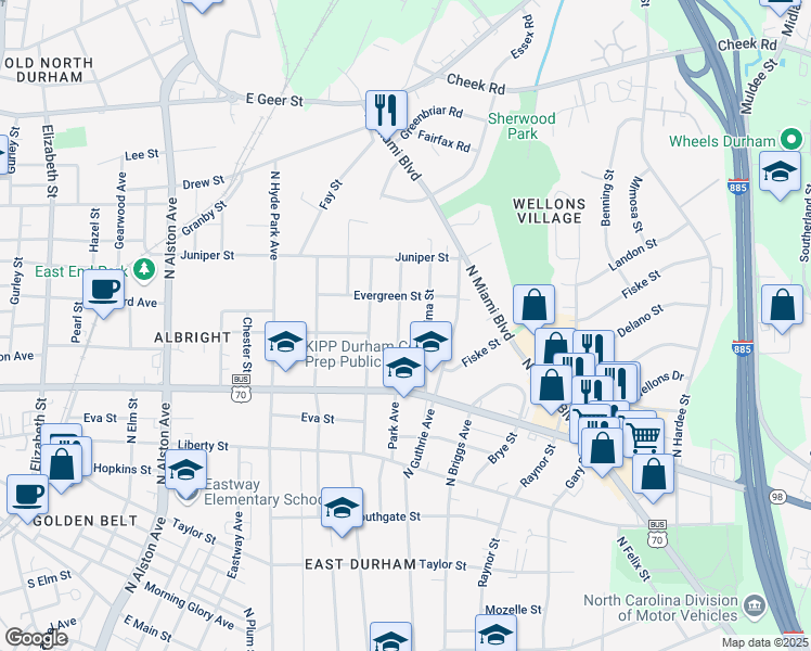 map of restaurants, bars, coffee shops, grocery stores, and more near 1109 Alma Street in Durham